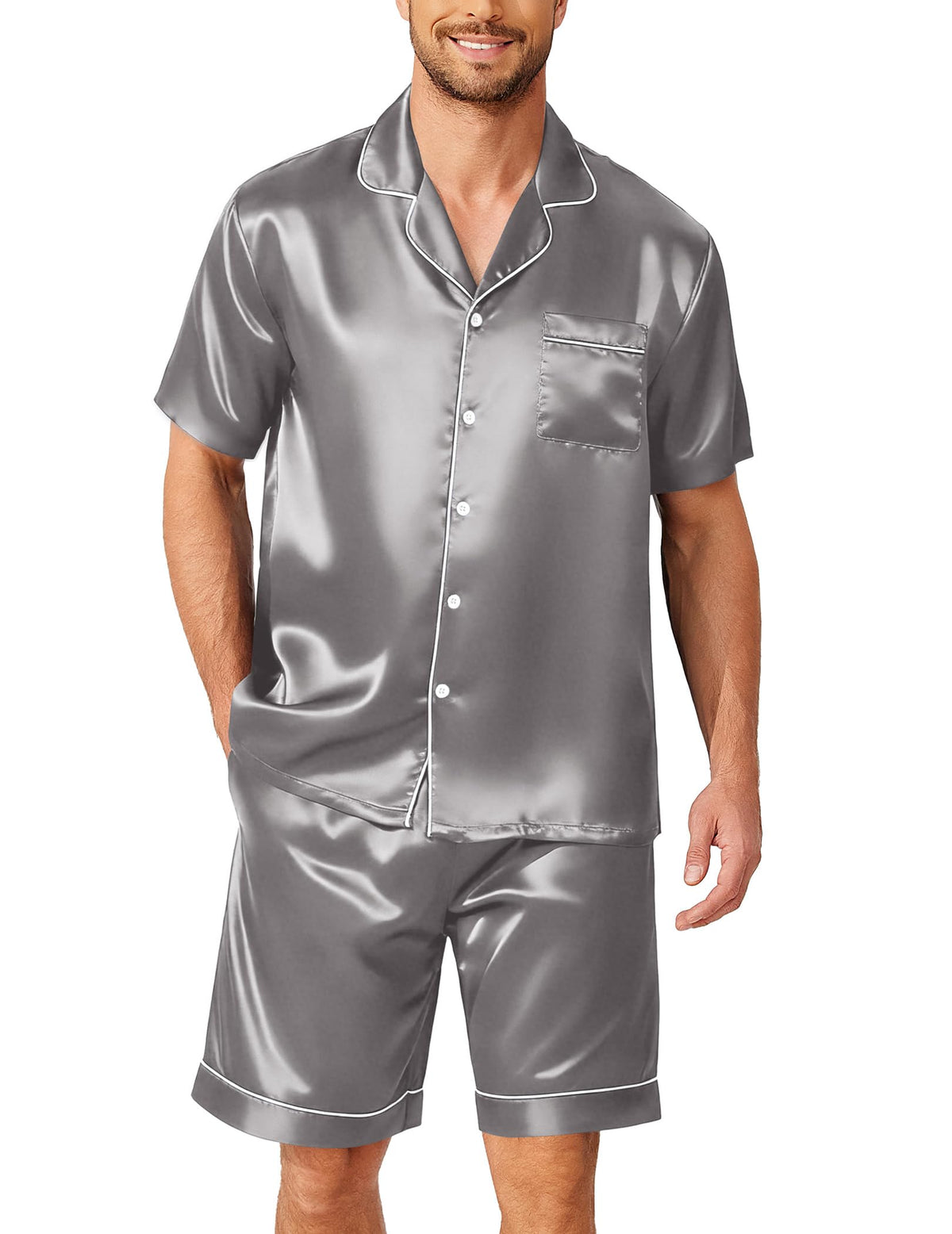 Ekouaer Mens Pajamas Set Silk Satin Pjs Short Sleeve Button Up Lounge Sets