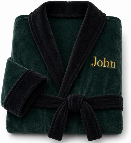 Lotus Linen Personalized Men's Plush Robe - Luxury Hooded Fleece Bathrobe with Custom Embroidery