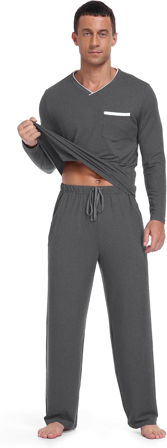 RQP Men's Long Sleeve Pajama Set Soft Stretch Sleepwear with Pockets