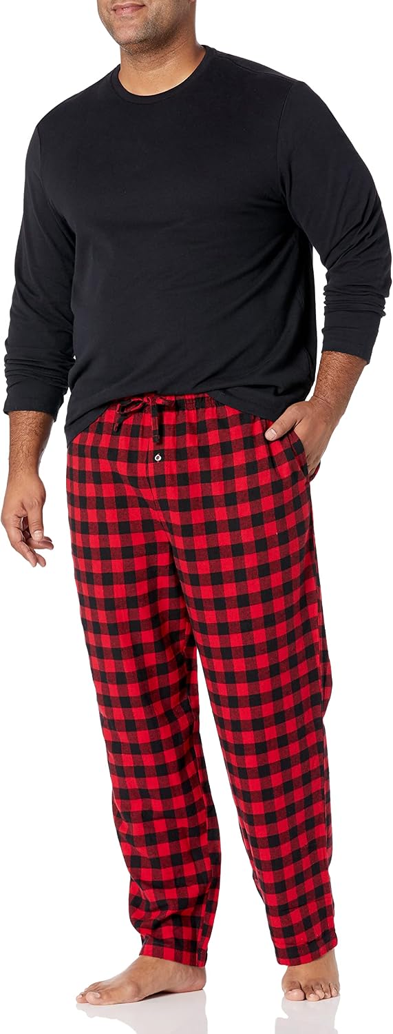 Amazon Essentials Men's 100% Cotton Flannel Pant and Long-Sleeve T-Shirt Pajama Set