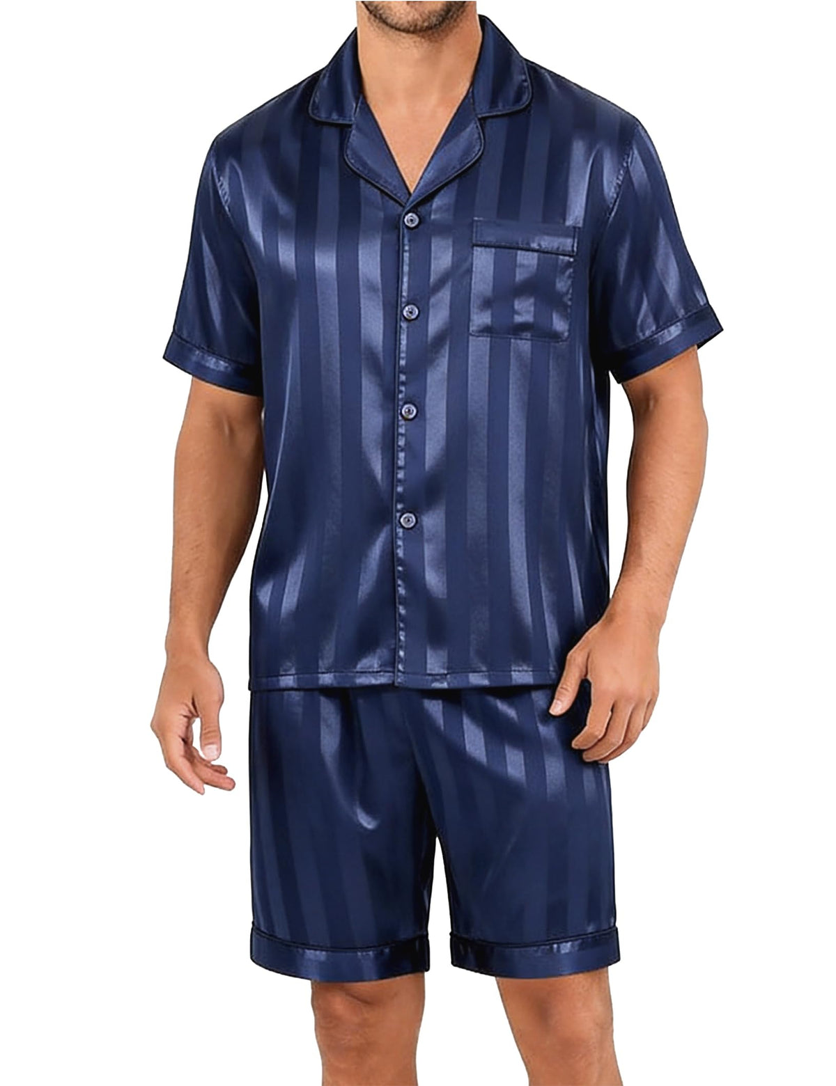 Sykooria Mens Pajamas Set Silk Satin Sleepwear 2 Piece Short Sleeve Loungewear Button Down Pj Set S-XXXL