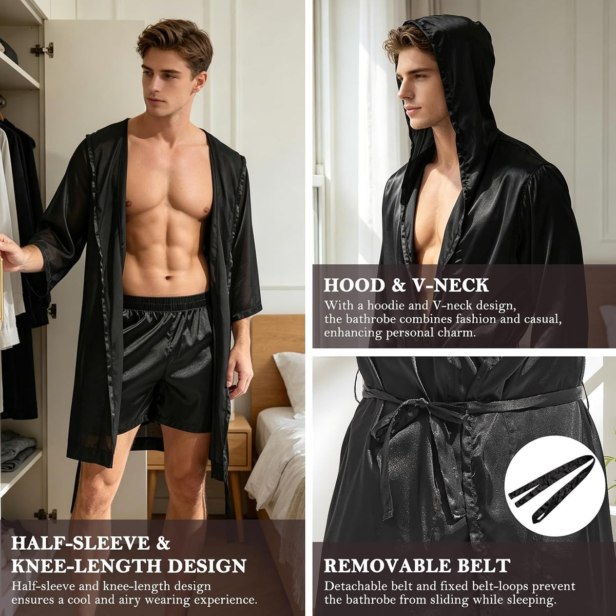 AMY COULEE Mens Sexy Satin Robe with Shorts 2 Pcs