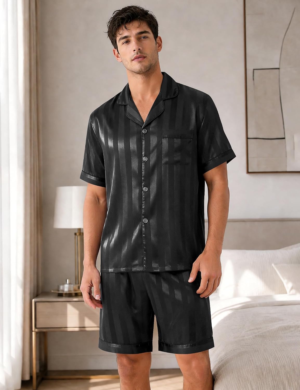 Sykooria Mens Pajamas Set Silk Satin Sleepwear 2 Piece Short Sleeve Loungewear Button Down Pj Set S-XXXL