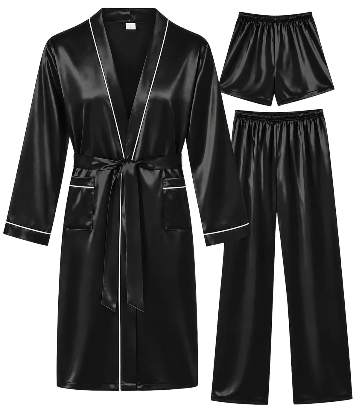 SWOMOG Mens 3 PCS Satin Robe with Pants & Shorts Set Kimono Bathrobe Long Sleeve Sleepwear Pjs Sets with Pockets