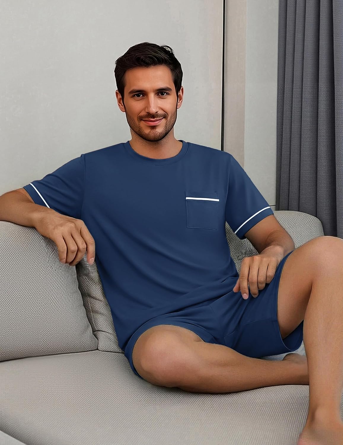 Ekouaer Men pajama set 2 Piece Short Sleeve Shirt and Shorts Lounge Sets