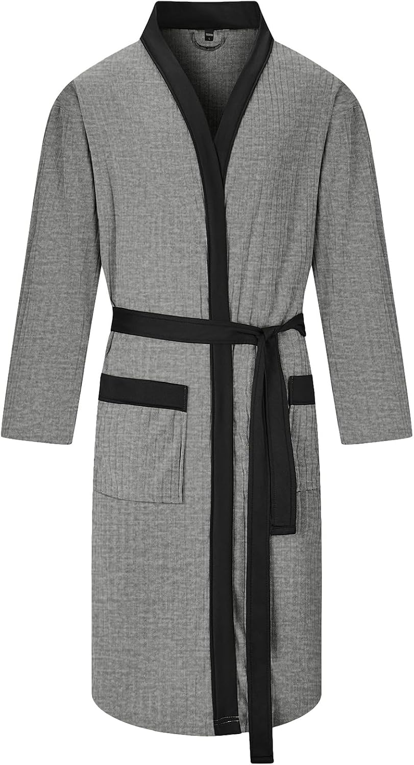 Mens Robes Lightweight Mid Length Summer Robe Comfy Soft Dude Robe with Pockets Long Sleeve Kimono Bathrobe Sleepwear