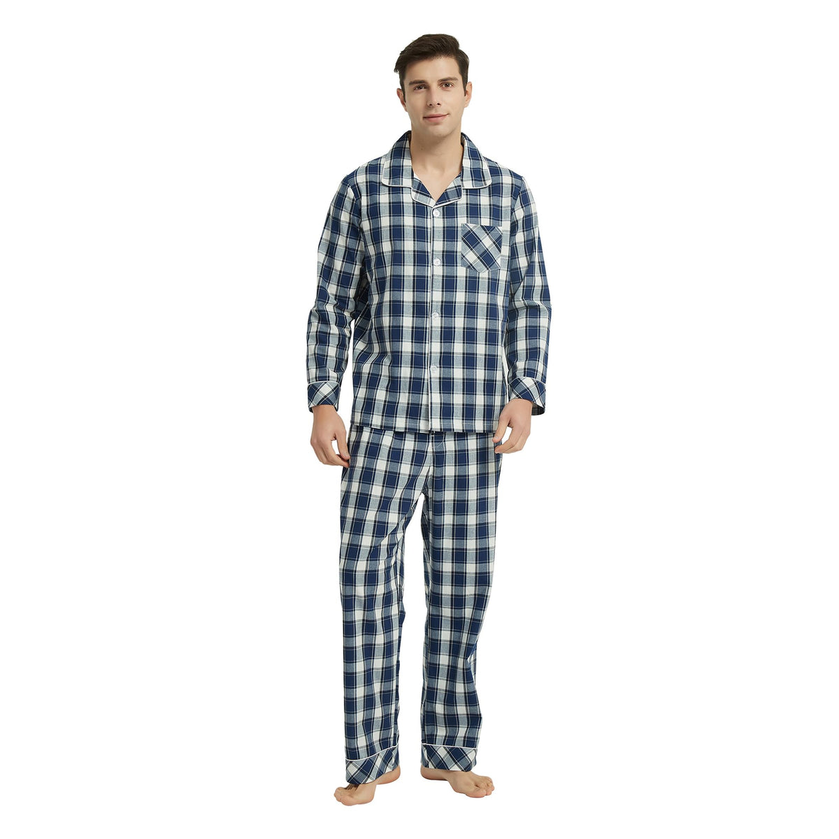 Vulcanodon Mens Cotton Pajama Set, Plaid Button Down Woven Sleepwear