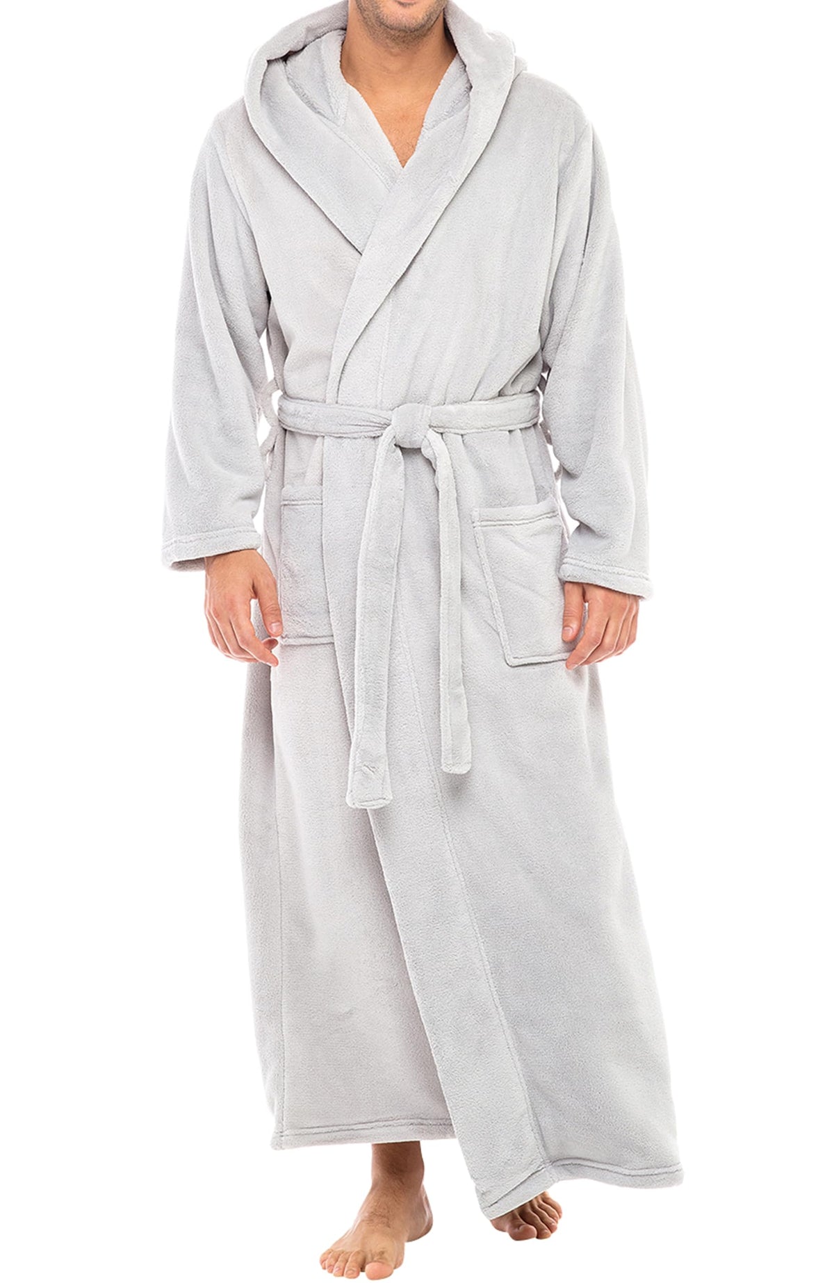 Men's Plush Fleece Hooded Robe with Pockets, Long Bathrobe