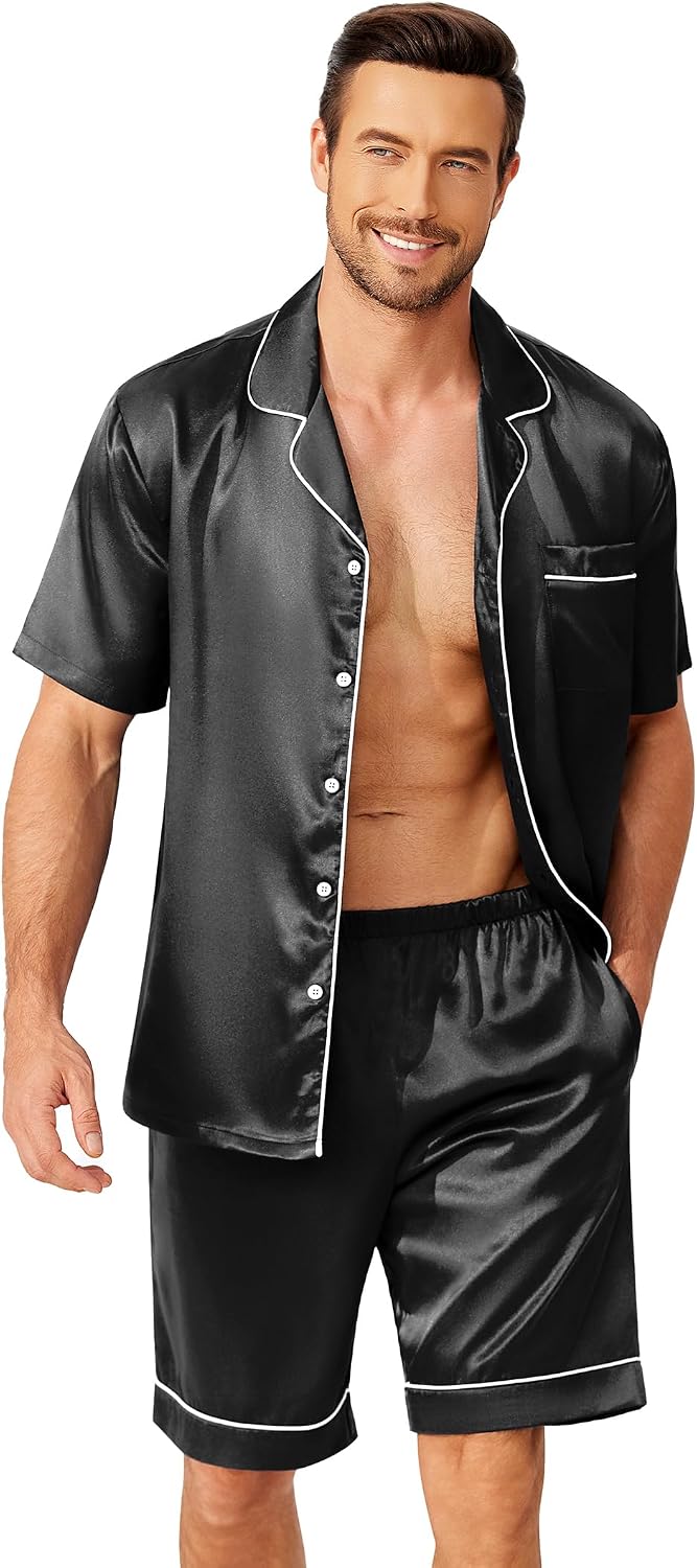 Ekouaer Mens Pajamas Set Silk Satin Pjs Short Sleeve Button Up Lounge Sets