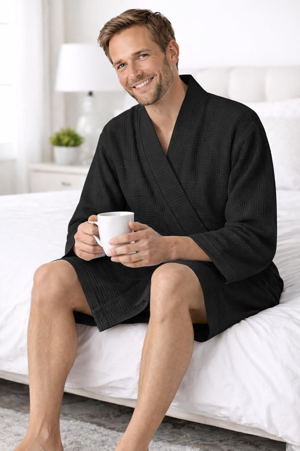 Turkish Linen Men’s Waffle Bathrobe Lightweight Kimono Spa Robe – Quick Dry Bath & Shower Robe for Men with Pockets