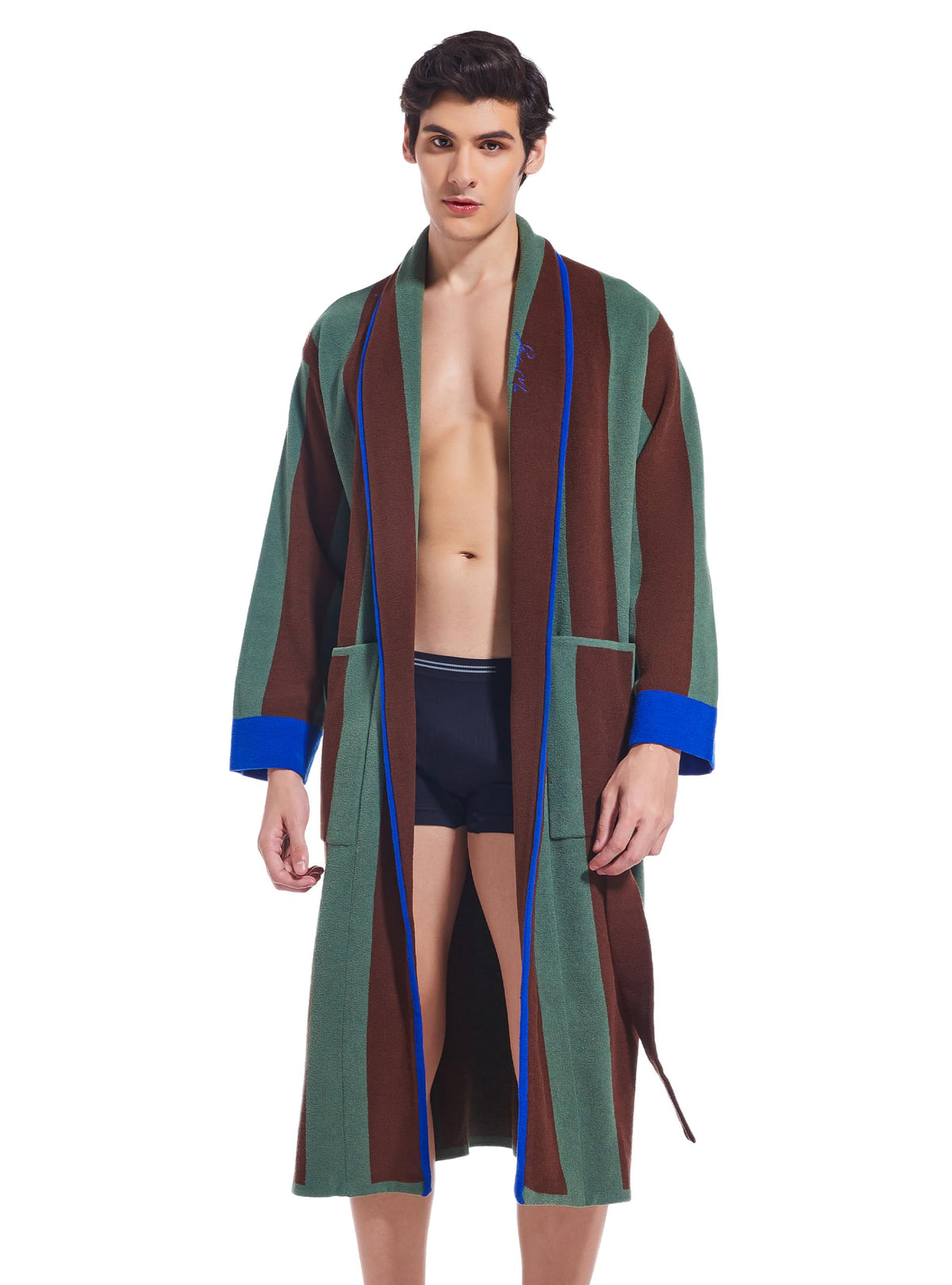 SlumberMee Mens Luxurious Robe Shawl Collar Bathrobe for Men Vintage Stripe