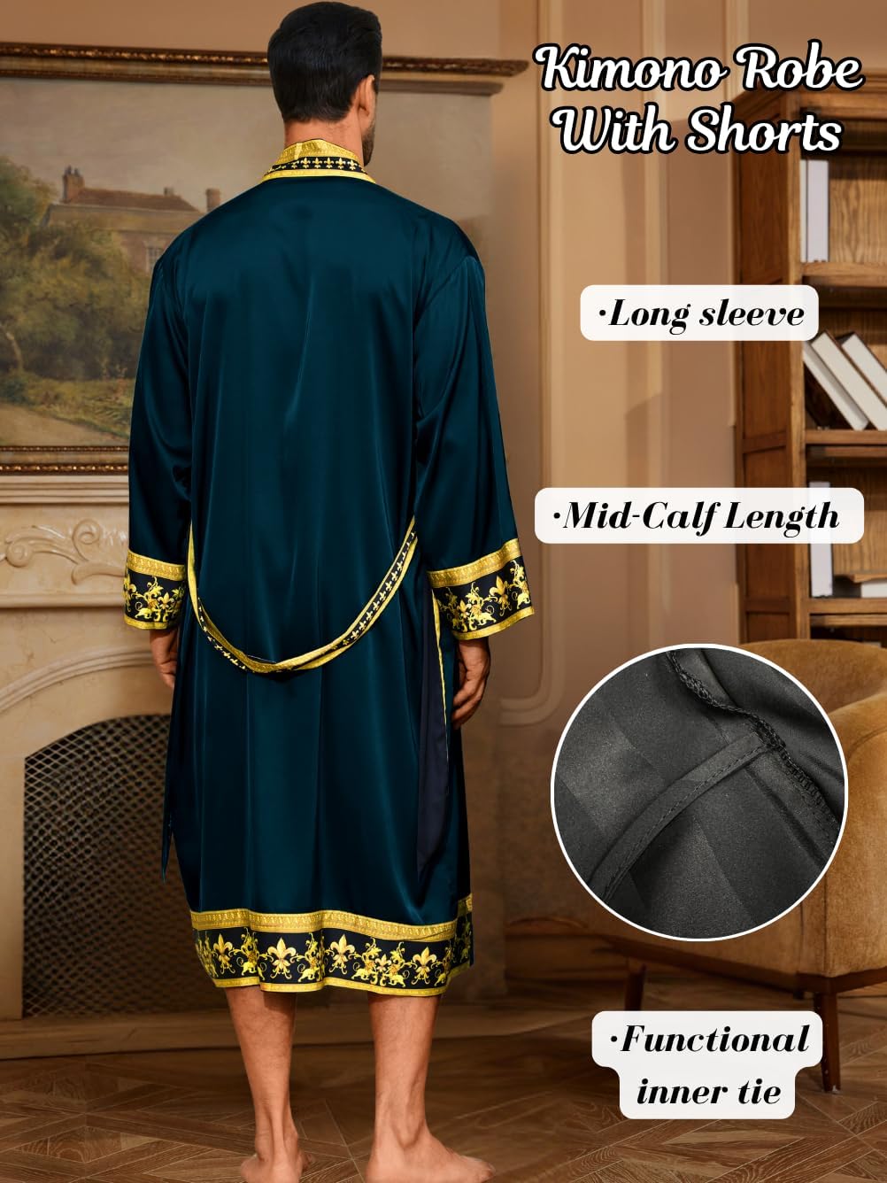 ChiaoLezhee Men's Luxury Silky Robe & Shorts Set, 2PC Lightweight Satin Pajamas with Pockets, Opulent Baroque Kimono Gifts