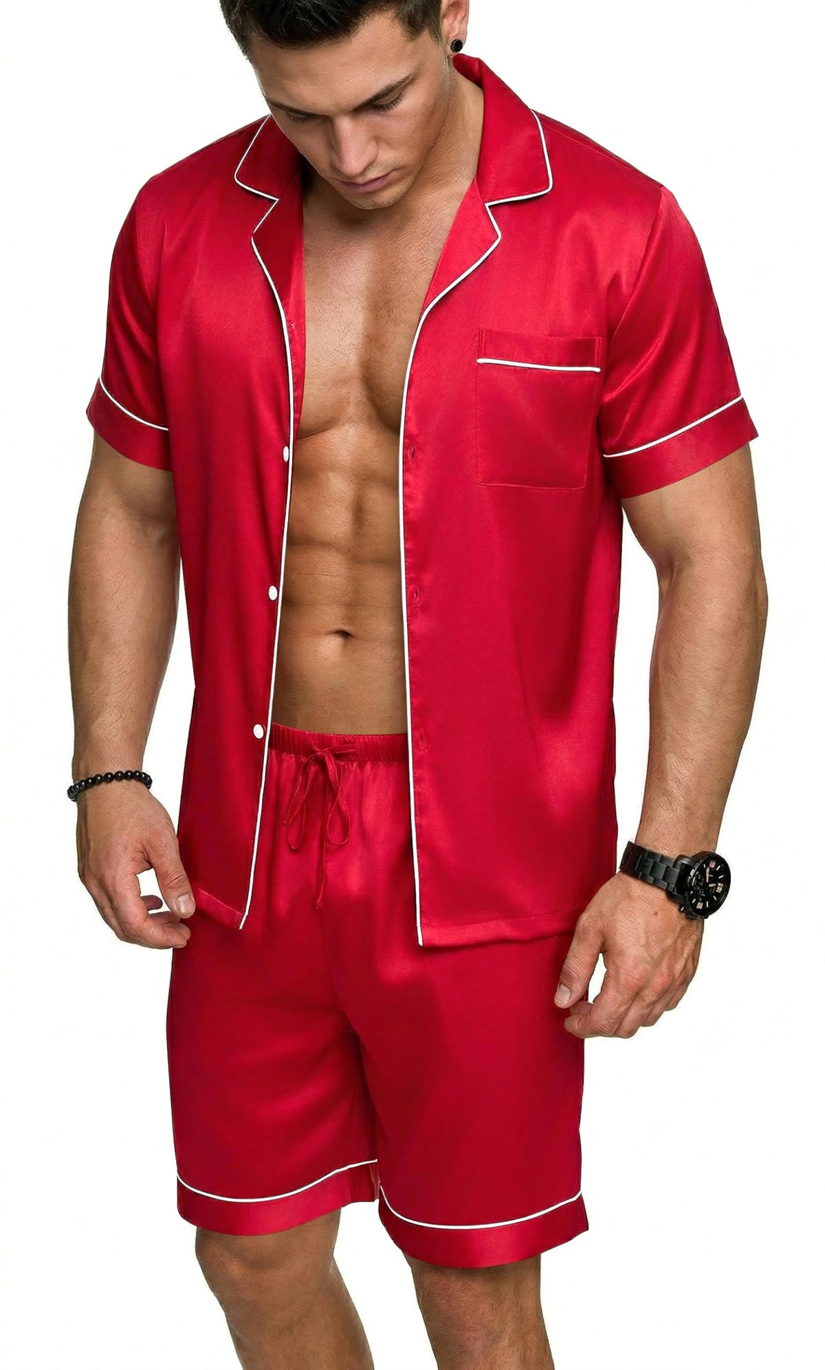 Ekouaer Mens Silk Satin Pajamas Set Short Sleeve Button Up Lounge Pjs Set