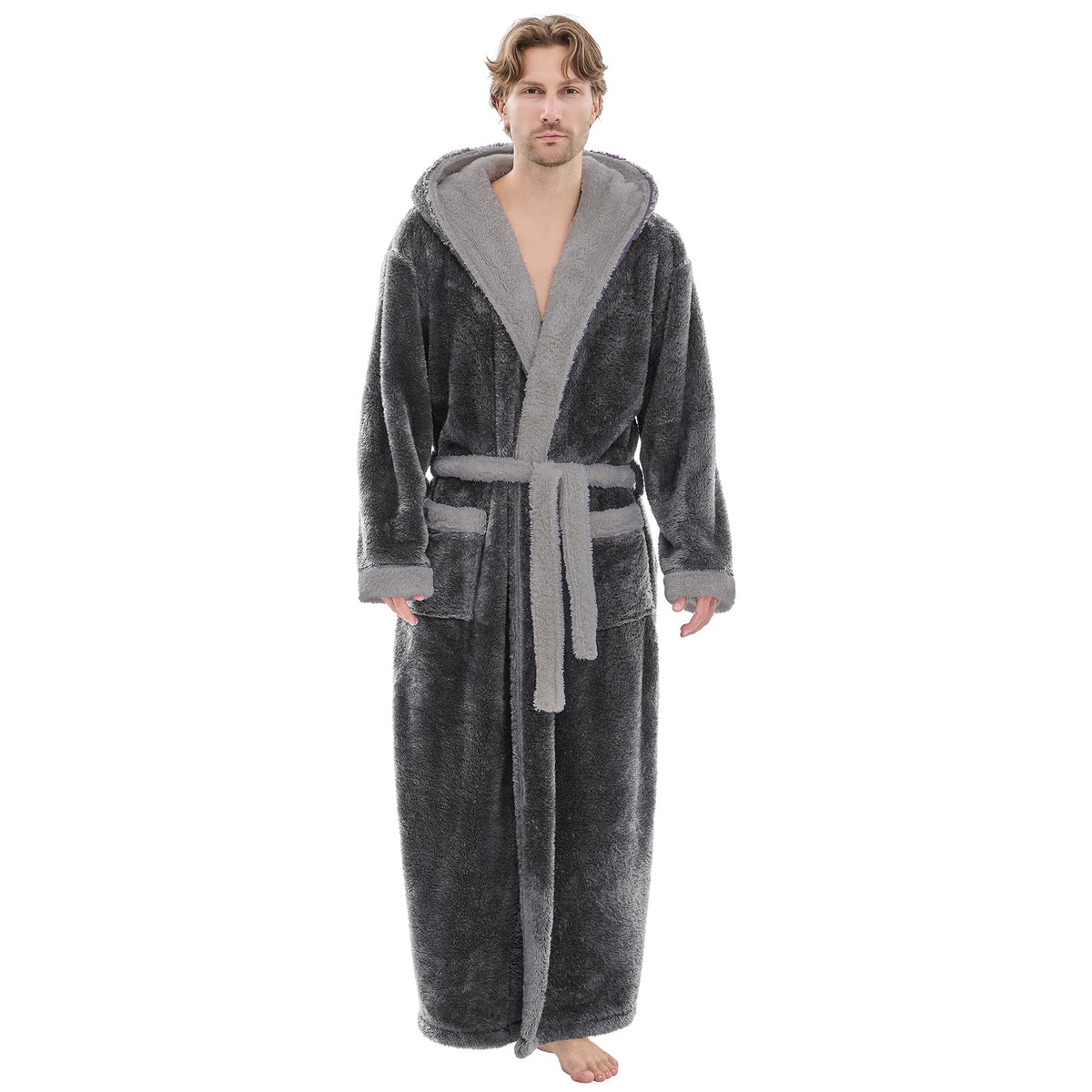 PJGGZ Mens Plush Robes Full Length, Big and Tall Fleece Hooded Bathrobe Warm Fluffy Cozy Winter Housecoat Floor Length
