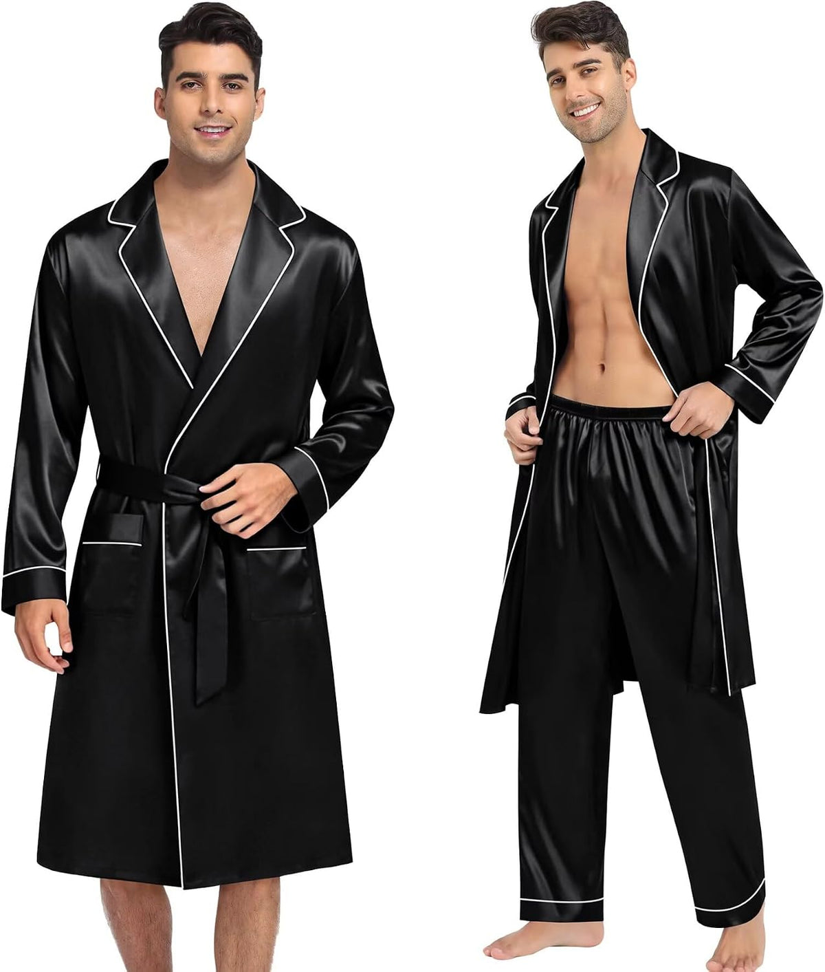 SWOMOG Men's 3 Pcs Robe Silk Satin Bathrobe with Shorts&Pants Set Soft Sleepwear Lightweight Loungewear