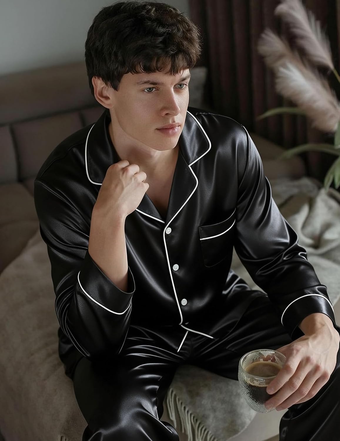 SWOMOG Mens Silk Satin Pajamas Set Long Sleeve Sleepwear Button-Down Pj Two-piece Loungewear with Long Pants S-XXL