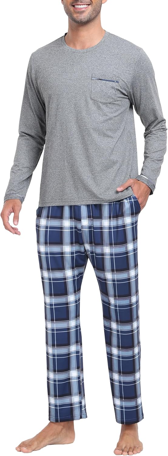 MoFiz Mens Pajamas Sets Long Sleeve Soft Plaid Christmas Pjs with Pockets