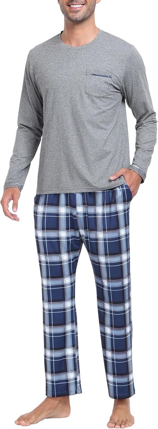 MoFiz Mens Pajamas Sets Long Sleeve Soft Plaid Christmas Pjs with Pockets
