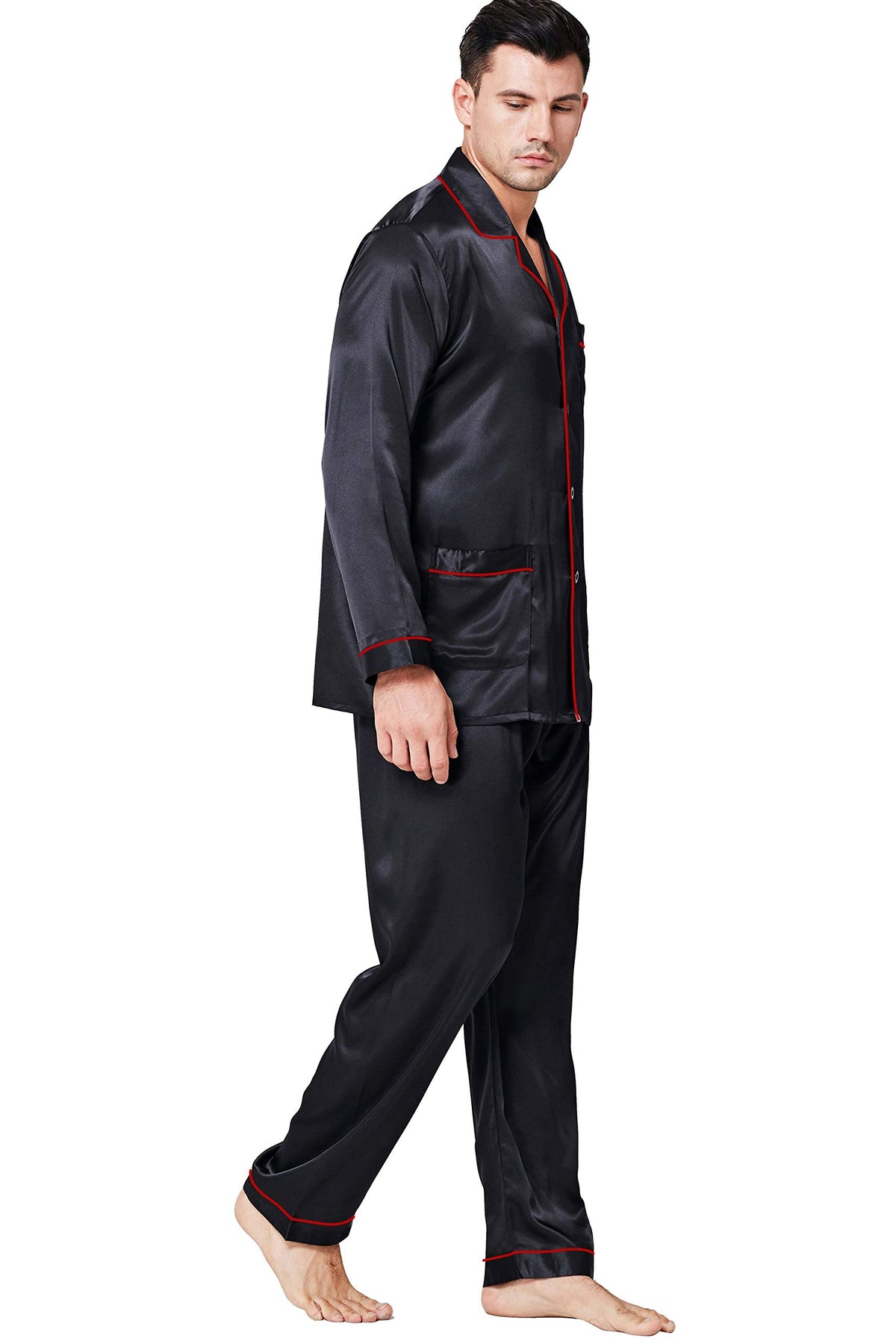 Lonxu Pajamas Set Mens Silk Satin Pajamas Long Sleeve Loungewear Two-Piece Sleepwear Button-Down Pj Set S-XXXXL