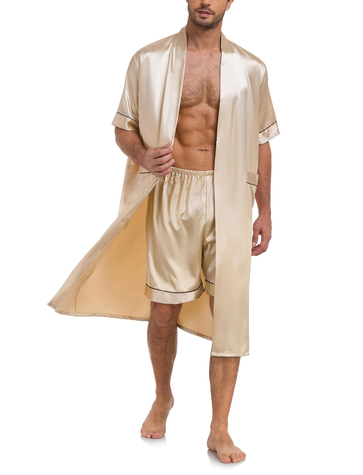 VOGMATE Men's Kimono Robe with Shorts 2 Pieces Silky Pajama Set Lightweight Satin Bathrobe Soft Sleepwear
