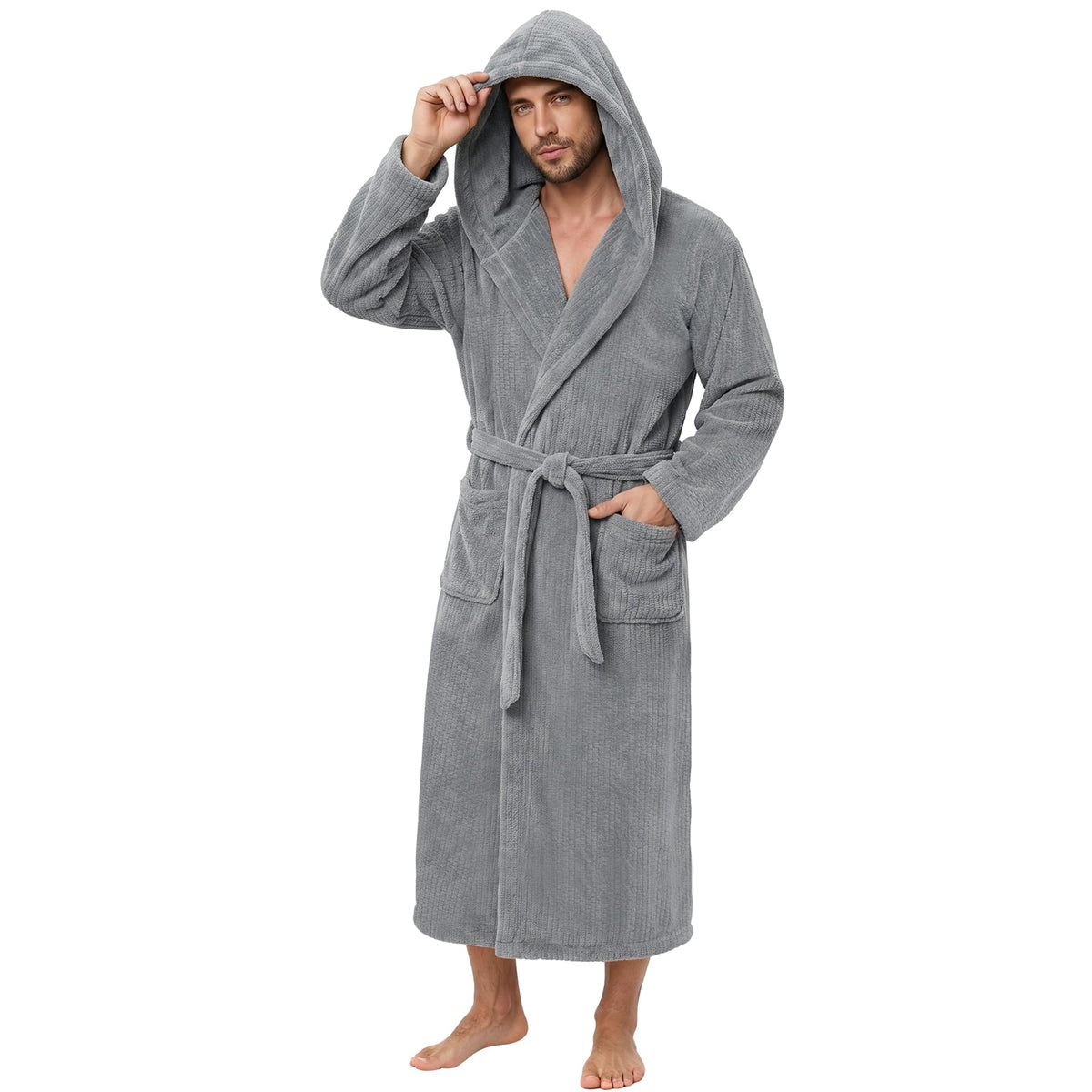 PJGGZ Men's Bathrobes with Hood, Soft Long Towel Robe for Men - Super Absorbent Quick Dry yet Warm