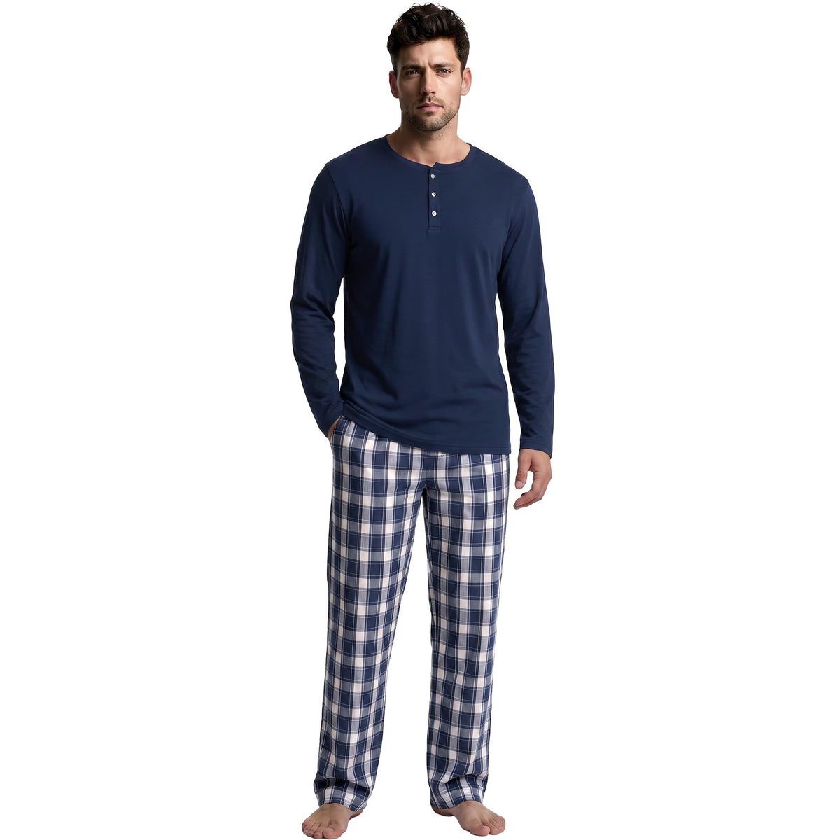 Vulcanodon Mens 100% Cotton Pajamas Set Cozy 2 Piece with Plaid Pants Pjs