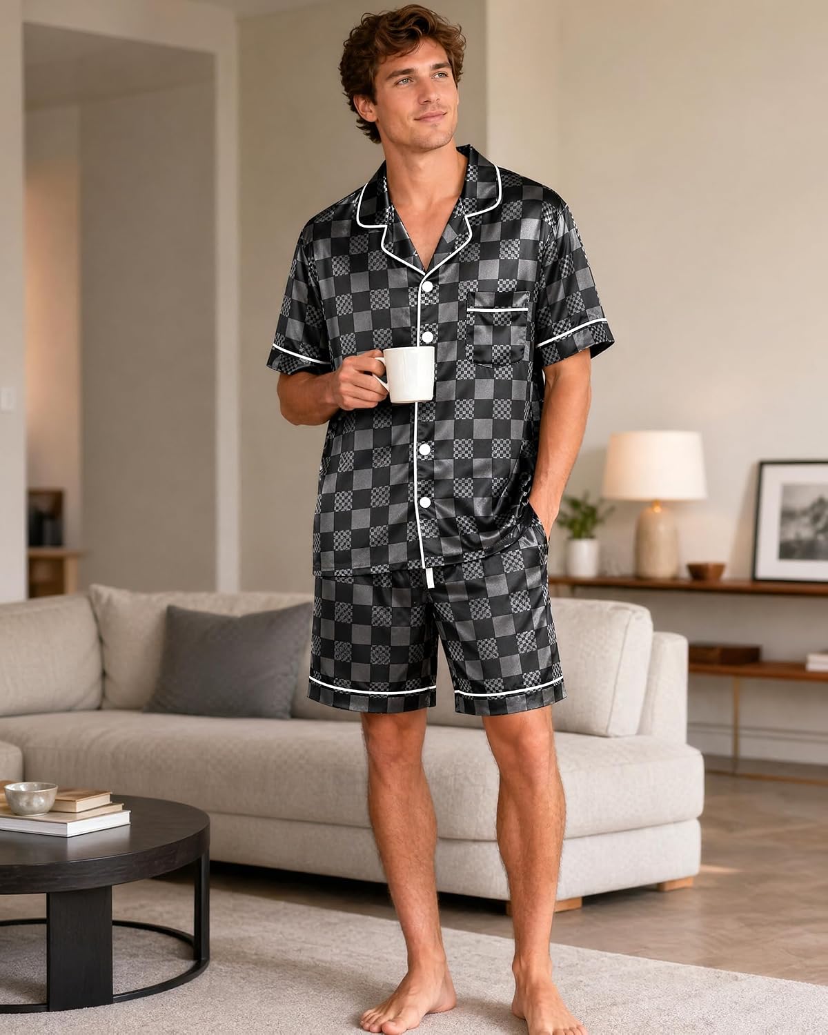 Mens Satin Silky Pajamas Set Short Sleeve Button Down Sleepwear Pjs Summer 2 PCS Loungewear with Pockets M-2XL
