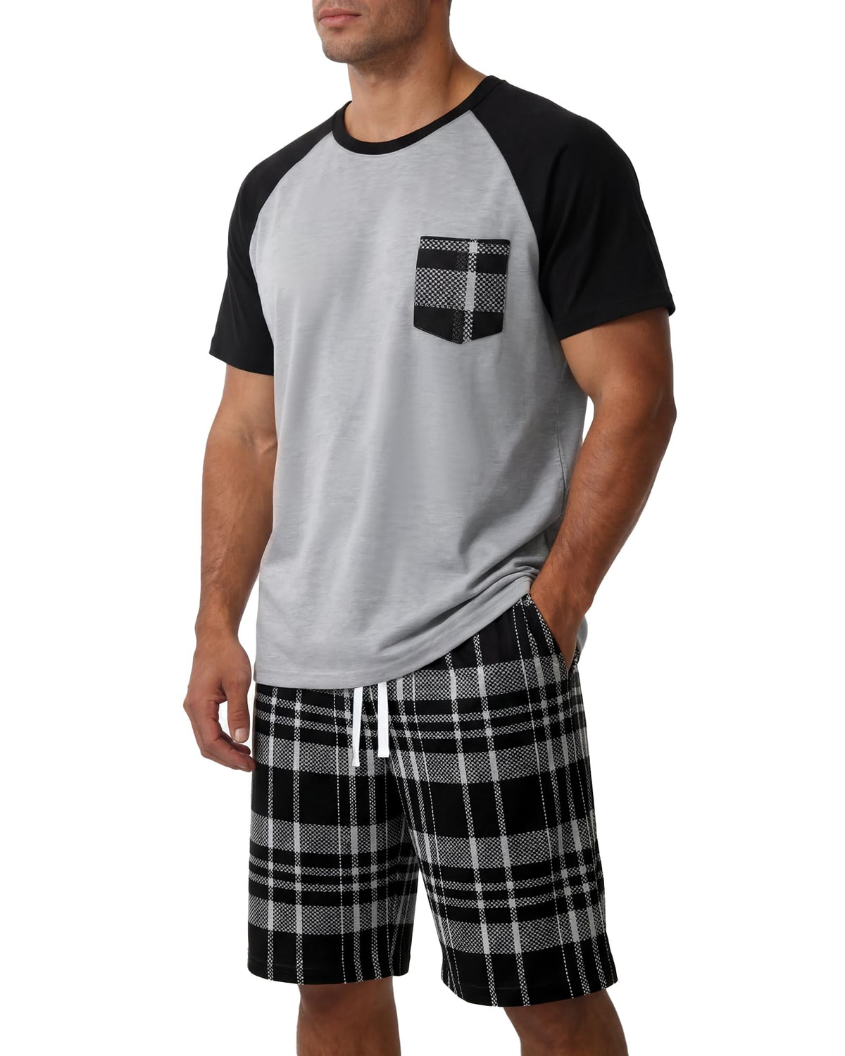 Mens Pajamas Set Soft Short Sleeve Pjs Plaid Pajamas 2 Piece Sleepwear Mens Loungewear Sets Summer with Pockets
