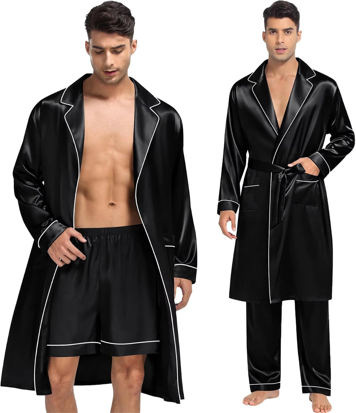 SWOMOG Men's 3 Pcs Robe Silk Satin Bathrobe with Shorts&Pants Set Soft Sleepwear Lightweight Loungewear