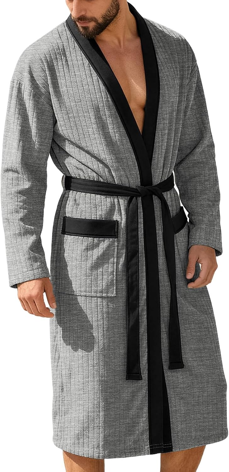 Mens Robes Lightweight Mid Length Summer Robe Comfy Soft Dude Robe with Pockets Long Sleeve Kimono Bathrobe Sleepwear