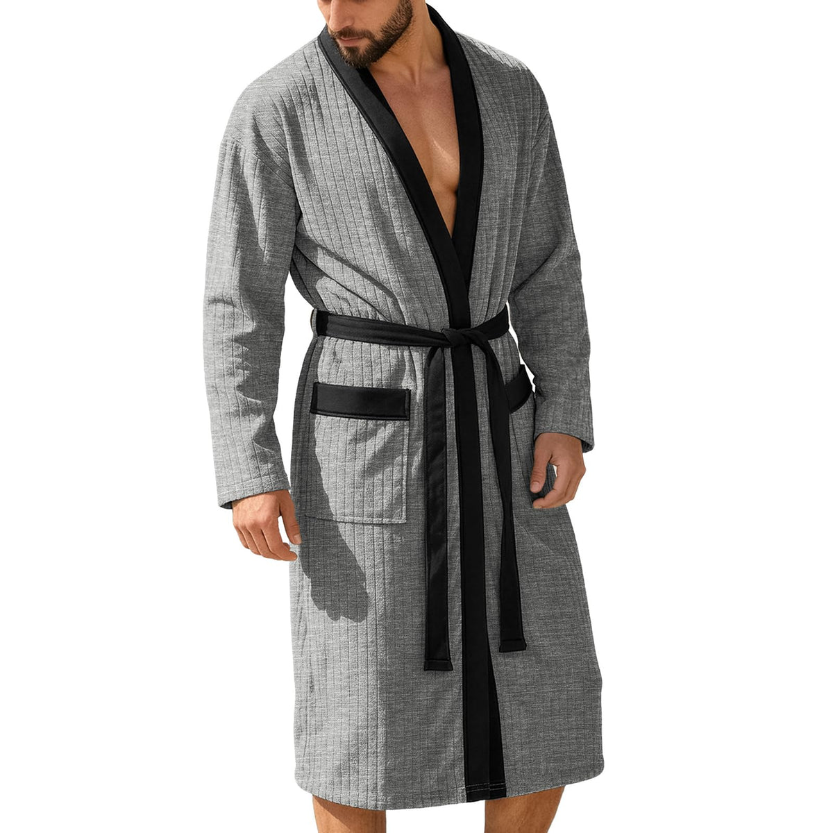 Mens Robes Lightweight Mid Length Summer Robe Comfy Soft Dude Robe with Pockets Long Sleeve Kimono Bathrobe Sleepwear