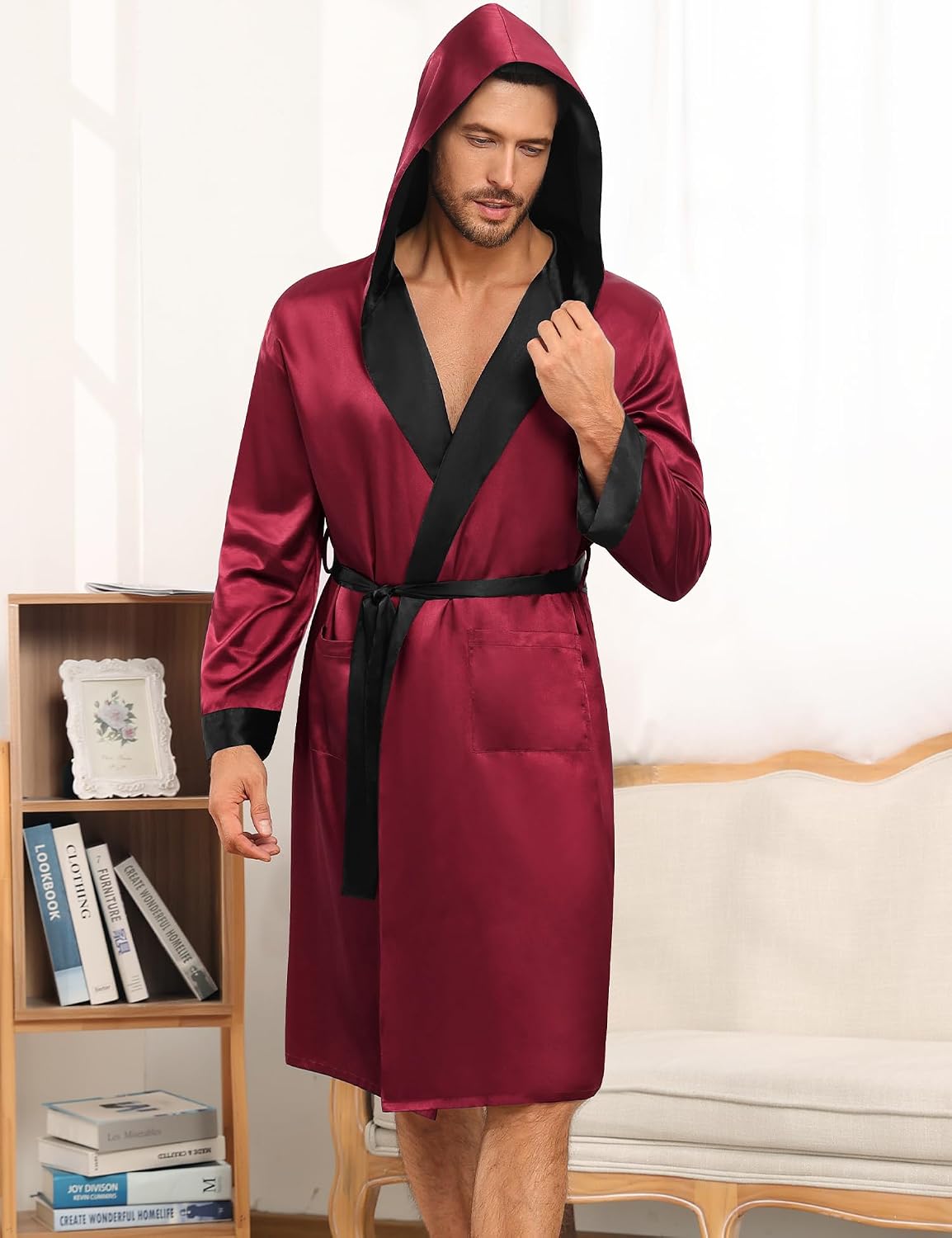 SWOMOG Mens Hooded Robe Satin Bathrobe with Shorts Set Silky Kimono Robe with Hood