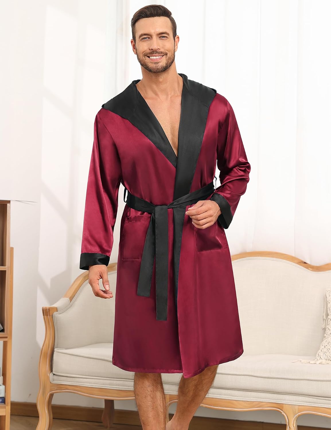 SWOMOG Mens Hooded Robe Satin Bathrobe with Shorts Set Silky Kimono Robe with Hood