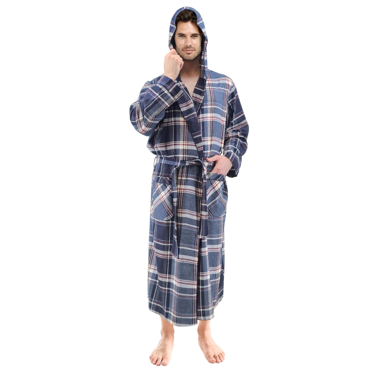 Andrew Scott Mens' Robe with Hoodie| Cotton Flannel Brush Plaid | All Season | Full Length House Robe