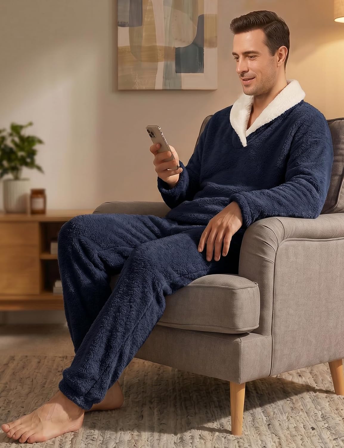 Arssm Mens Fluffy Pajamas Set 2 Piece Winter Fleece Pjs