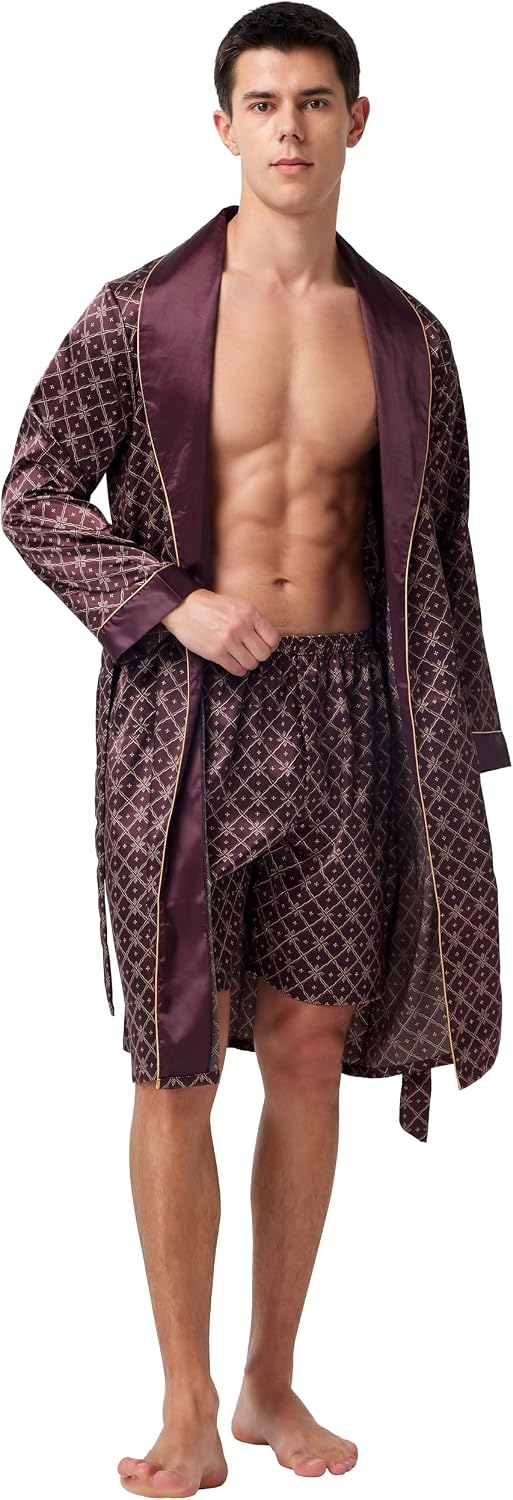 Mens Satin Robe Long Sleeve Silk Kimono Bathrobe with Shorts Set Sleepwear