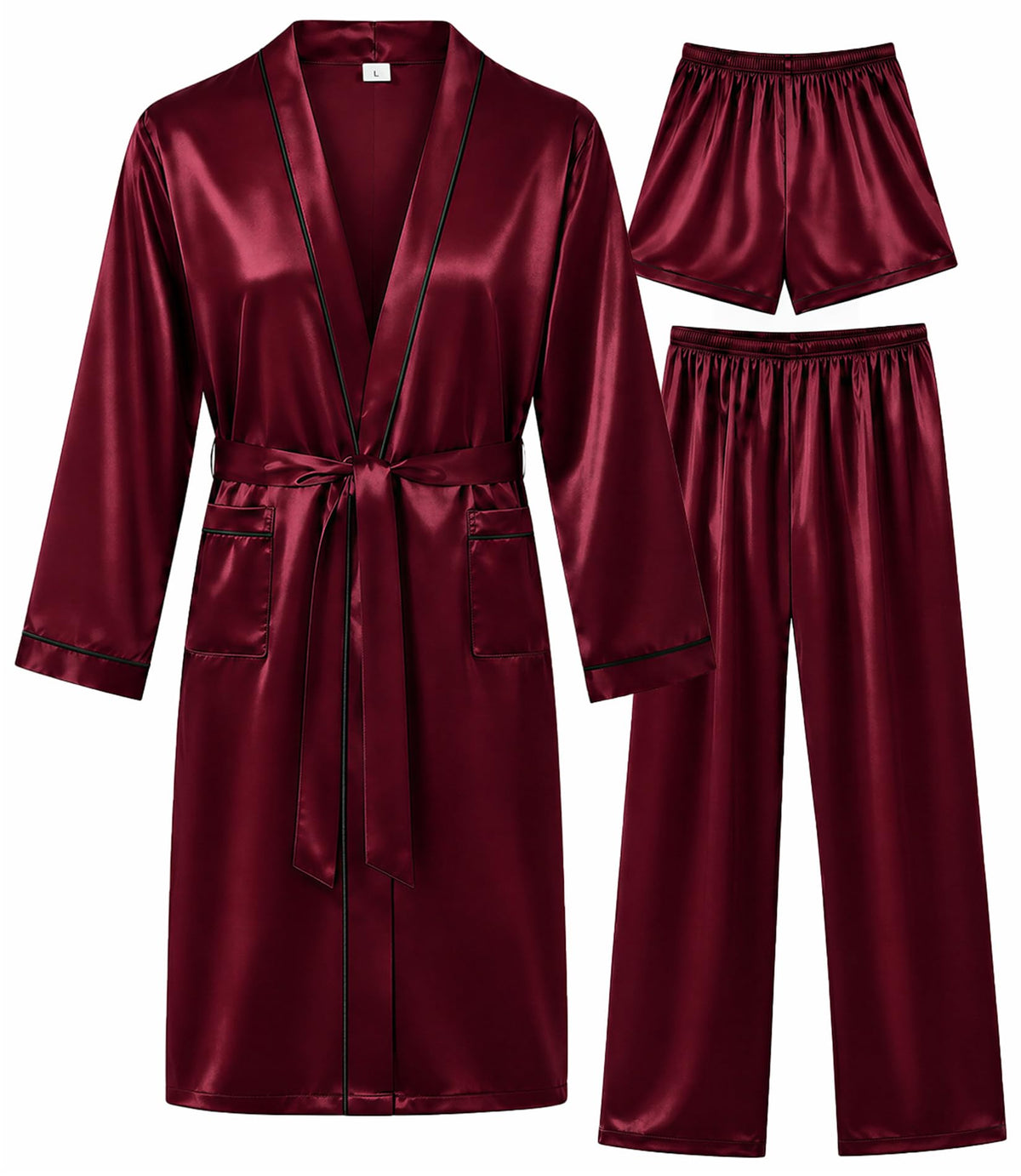 SWOMOG Mens 3 PCS Satin Robe with Pants & Shorts Set Kimono Bathrobe Long Sleeve Sleepwear Pjs Sets with Pockets