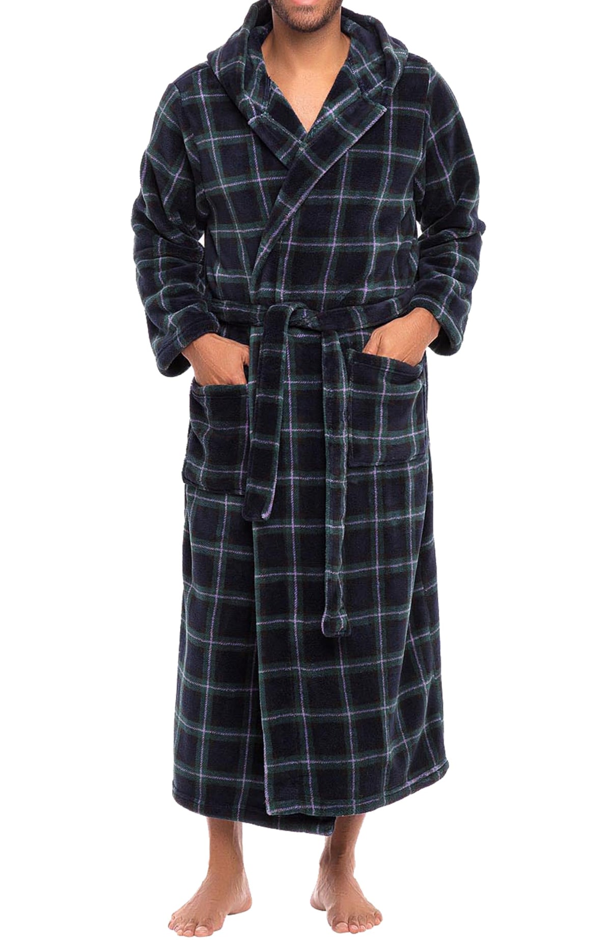 Men's Plush Fleece Hooded Robe with Pockets, Long Bathrobe