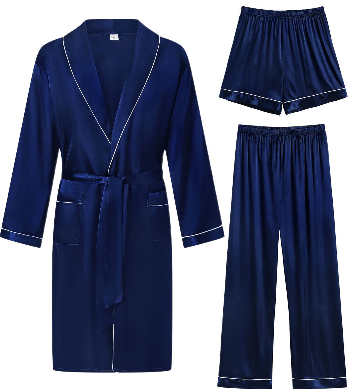 SWOMOG Men's Satin Robe 3 Pcs Silky Kimono Bathrobe Set Lightweight Soft Loungewear Nightwear