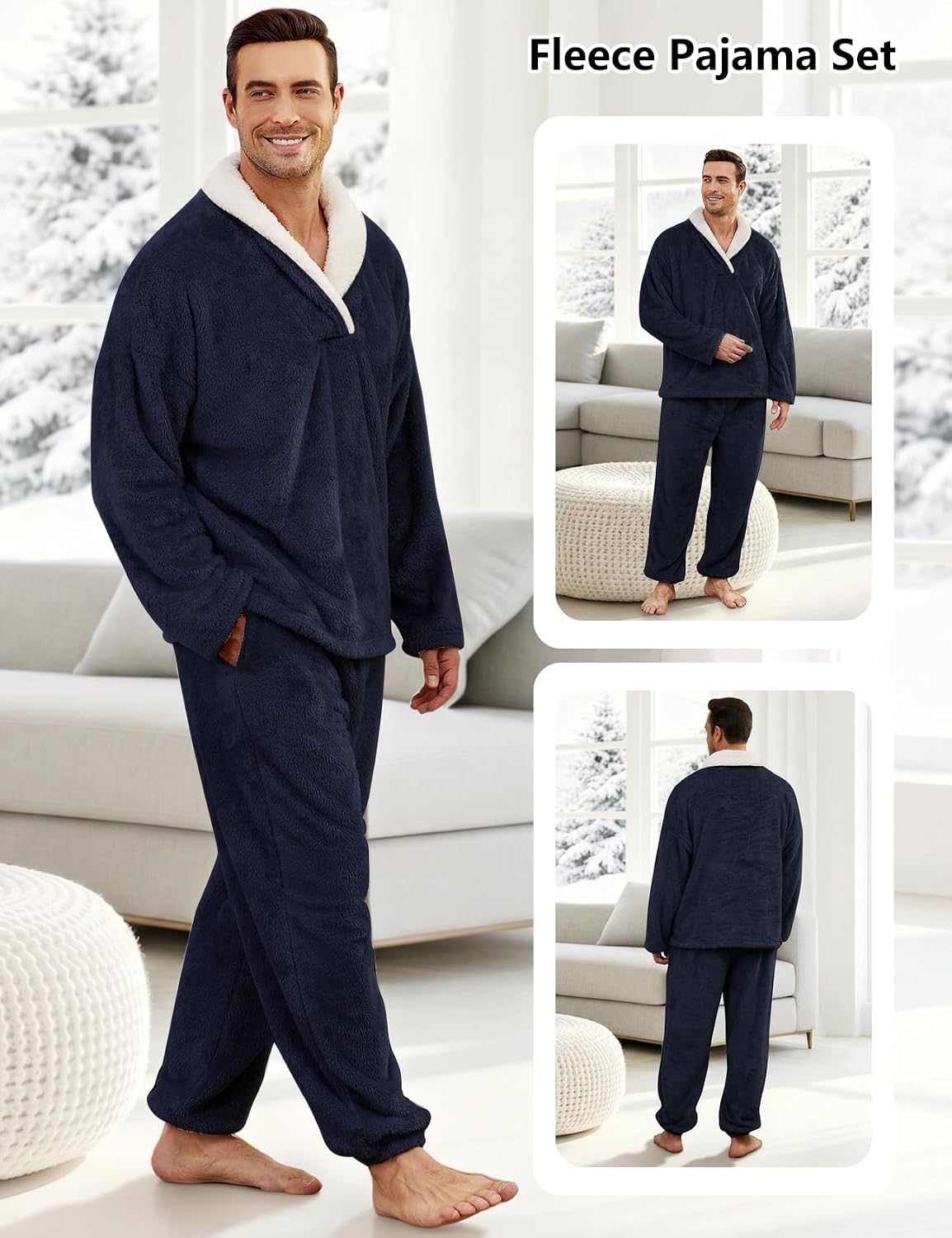Arssm Mens Fluffy Pajamas Set 2 Piece Winter Fleece Pjs