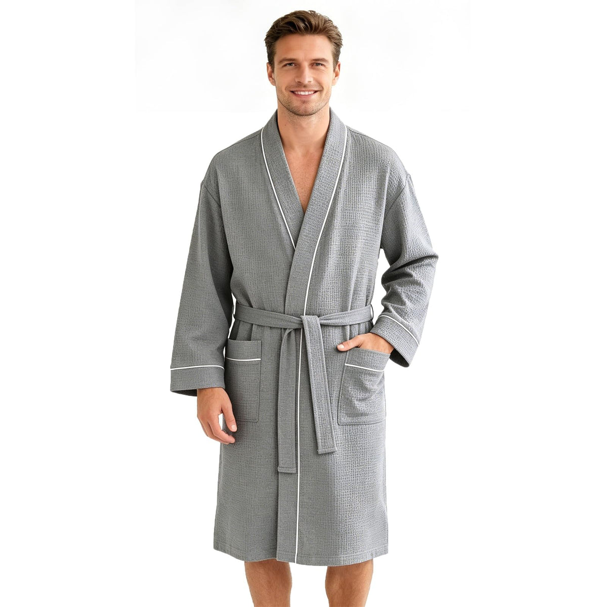 Inner Wish men's Cotton Waffle Kimono Robe, Lightweight Soft Spa Shower Bathrobe, Hotel Lounge Robes for Men