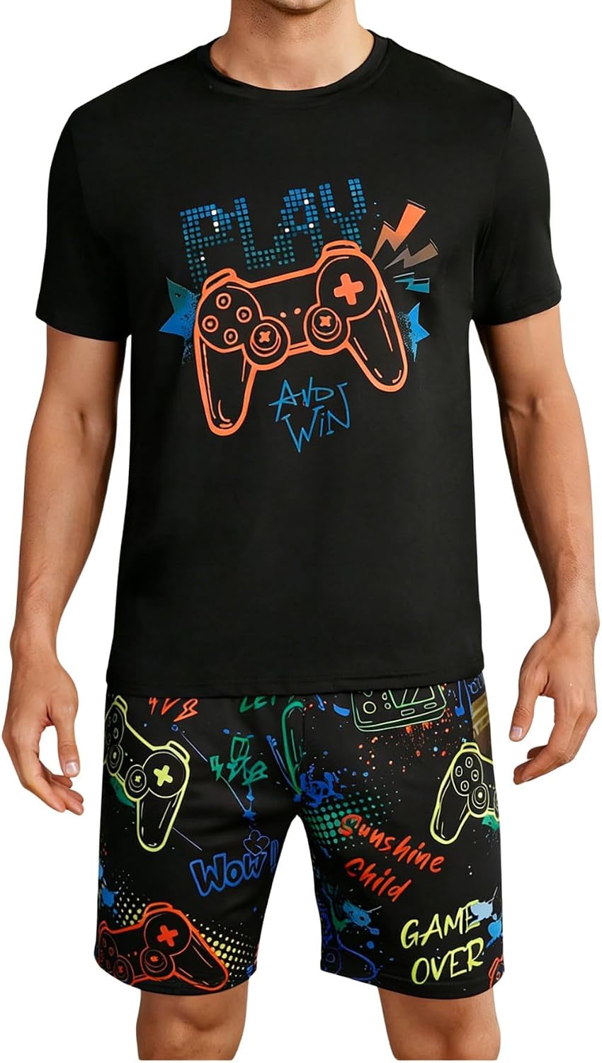 Verdusa Men's Pajamas Set 2 Piece Pjs Sets Short Sleeve Letter Print Tee and Short Lounge Set