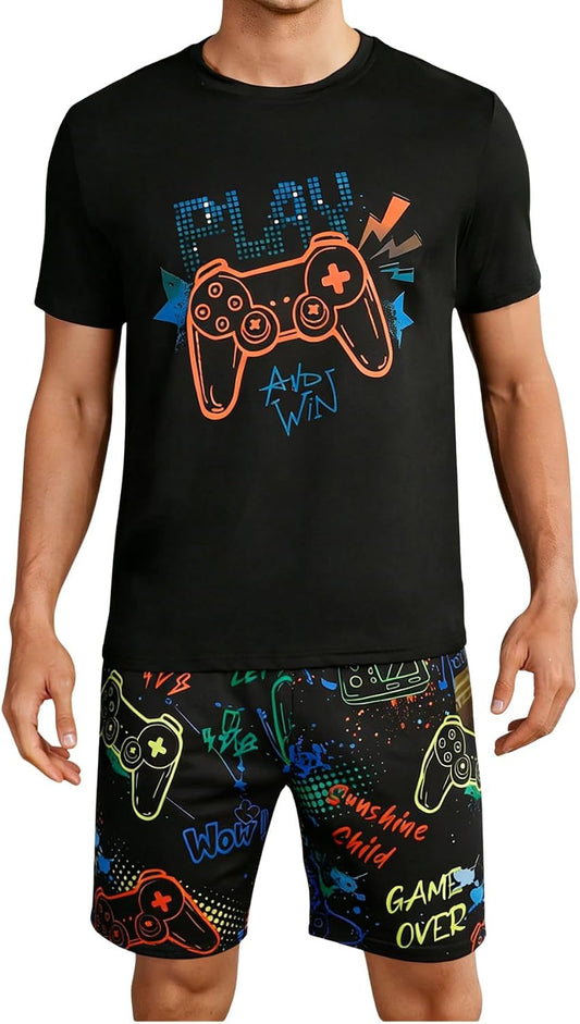 Verdusa Men's Pajamas Set 2 Piece Pjs Sets Short Sleeve Letter Print Tee and Short Lounge Set