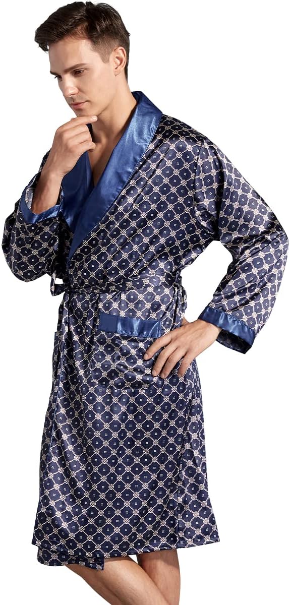 Haseil Men's Satin Robe Dragon Luxurious Silk Spa Long Sleeve House Kimono Bathrobe