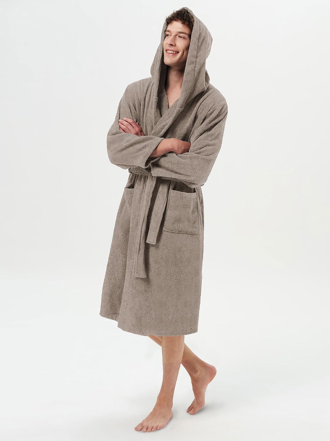 SIORO Mens Terry Bath Robe, Plush Hooded Cotton Cloth Knee-Length Robes for Spa, Shower, Soft Towel Bathrobes with Pockets