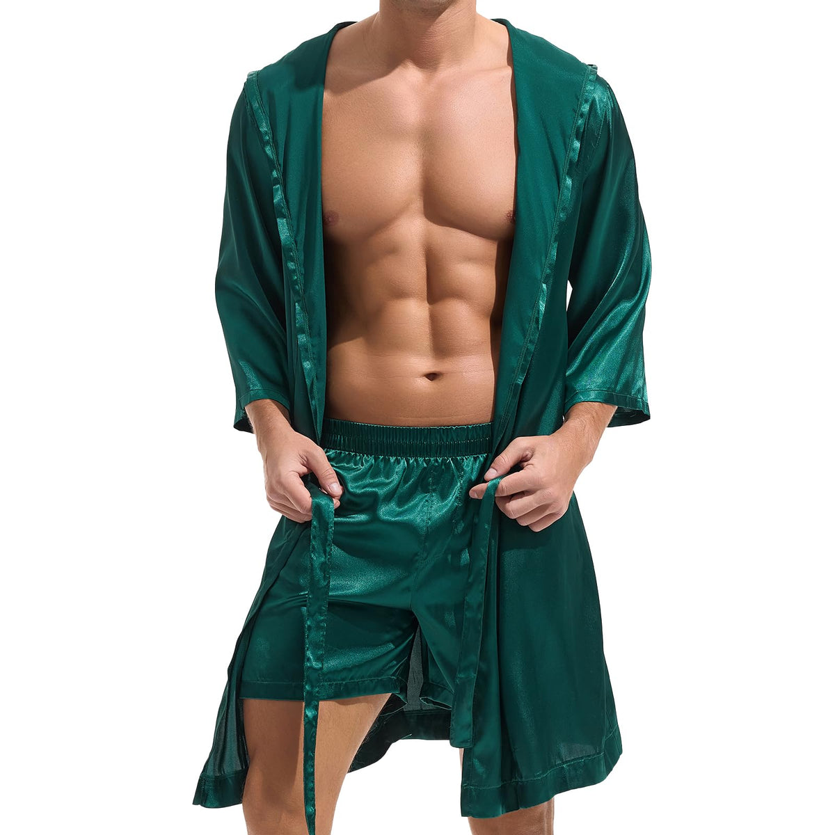 AMY COULEE Mens Sexy Satin Robe with Shorts 2 Pcs