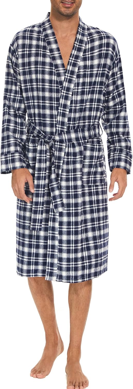 Zerbala Men's Flannel Robe Knee Length Plaid Bathrobe
