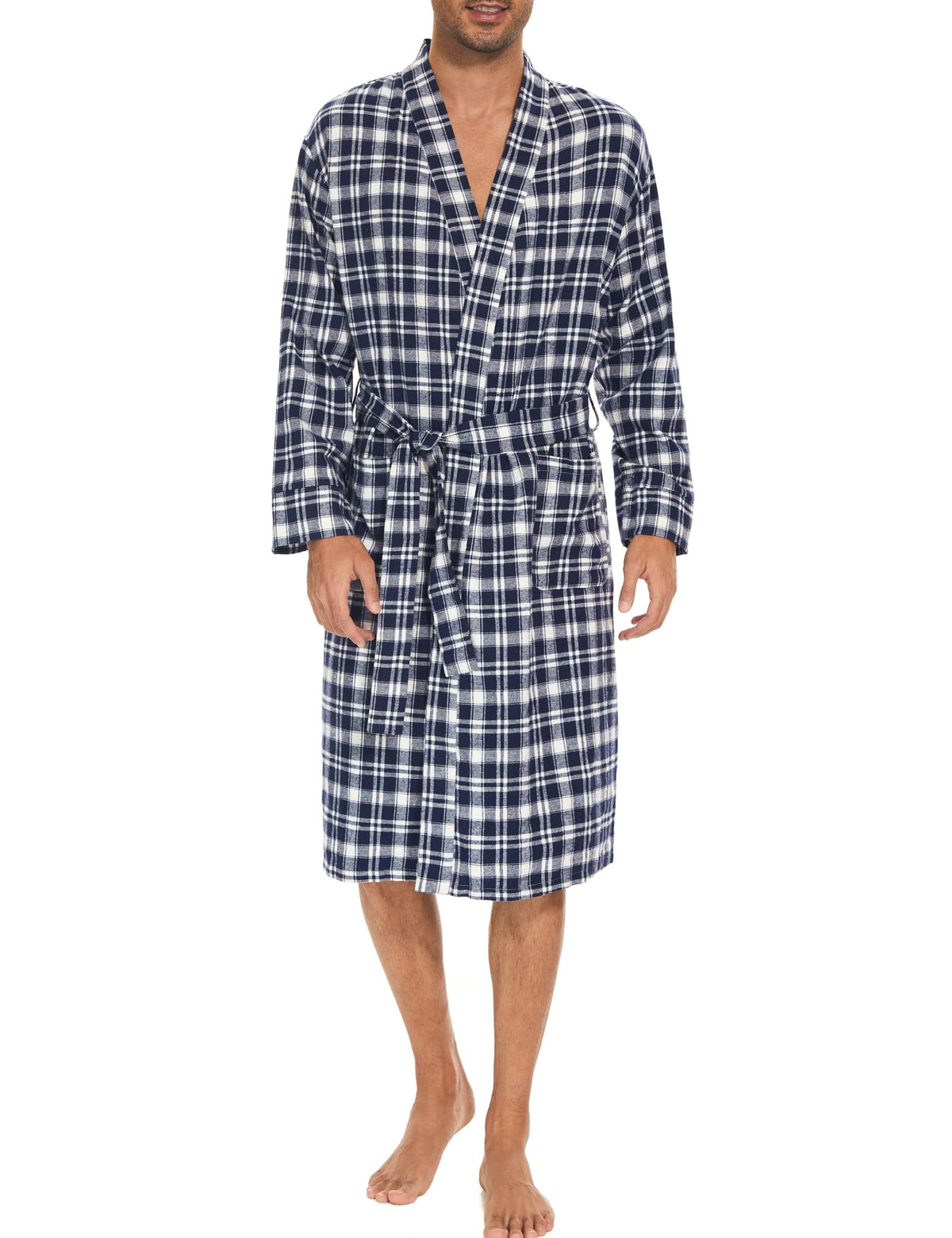 Zerbala Men's Flannel Robe Knee Length Plaid Bathrobe