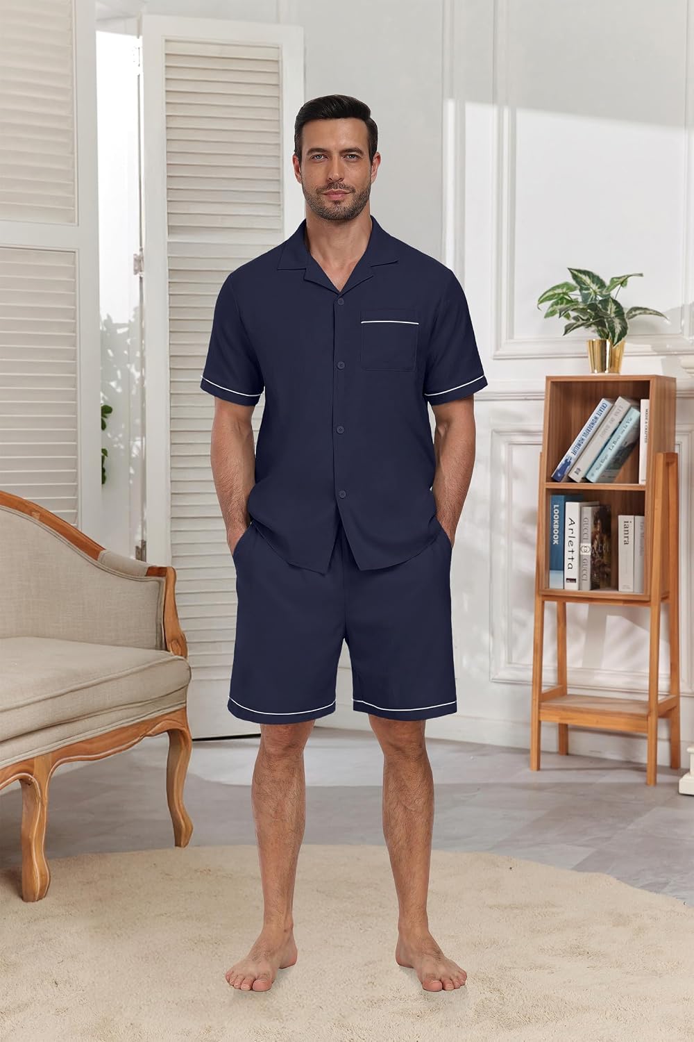PrinStory Men's Pajamas Set Sleepwear Pjs Lightweight Short Sleeve Pajama 2 Piece Comfy Loungewear with Pockets S-2XL