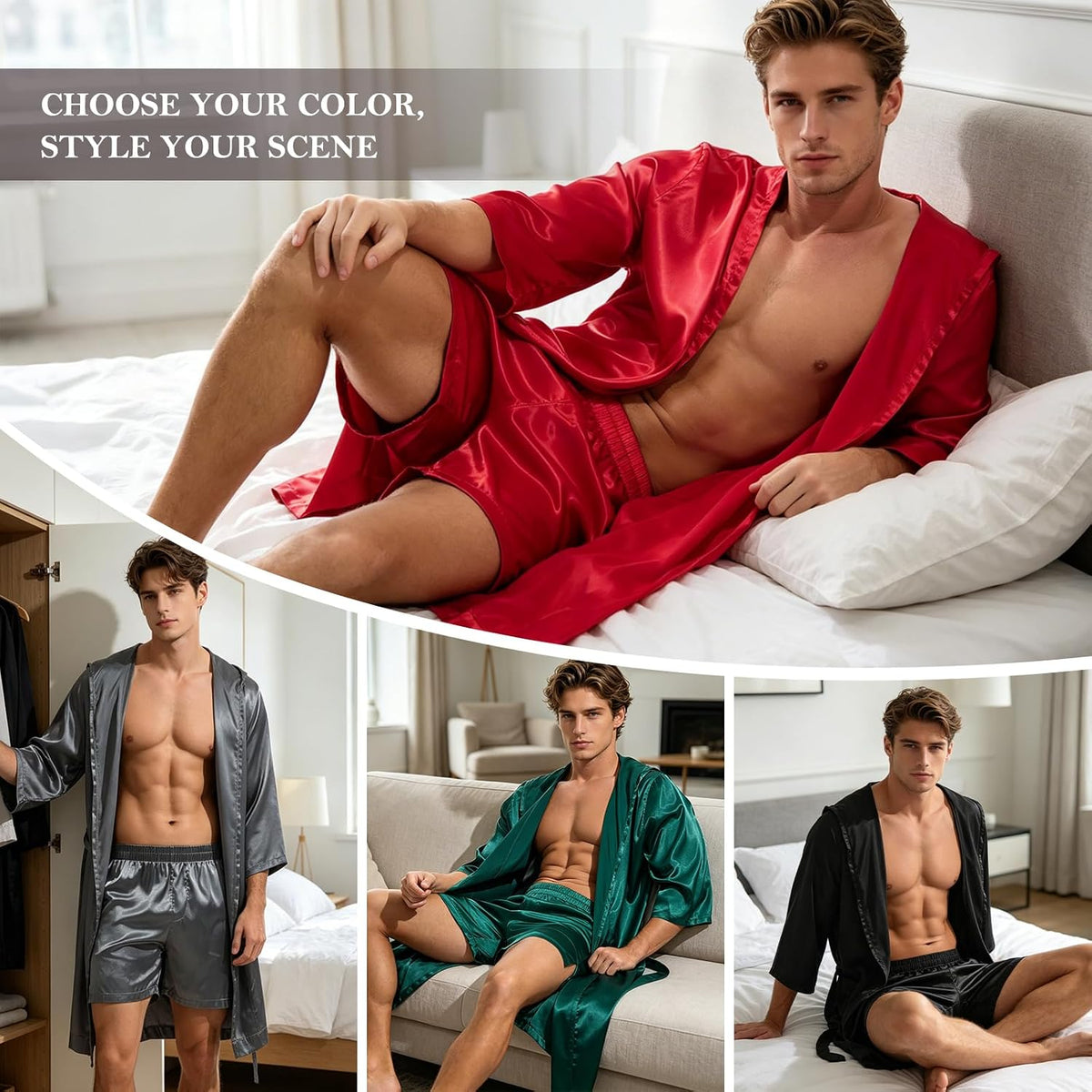 AMY COULEE Mens Sexy Satin Robe with Shorts 2 Pcs